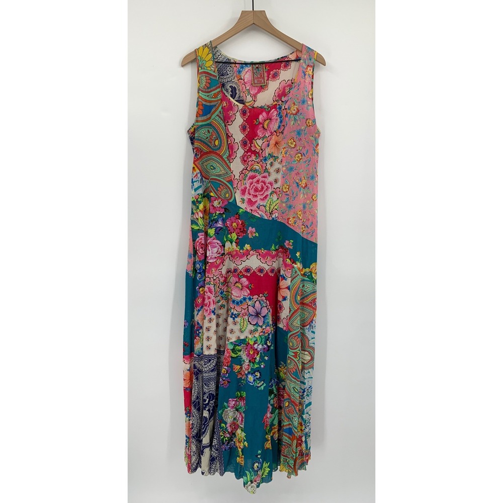 Johnny Was Dress Medium Pink Patchwork Floral Paisley Cotton Sleeveless Read
